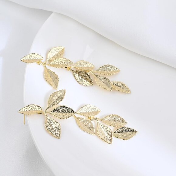 Women's Gold Long Leaf Shape Stud Dangling Plant Plated Earrings - Picture 5 of 7
